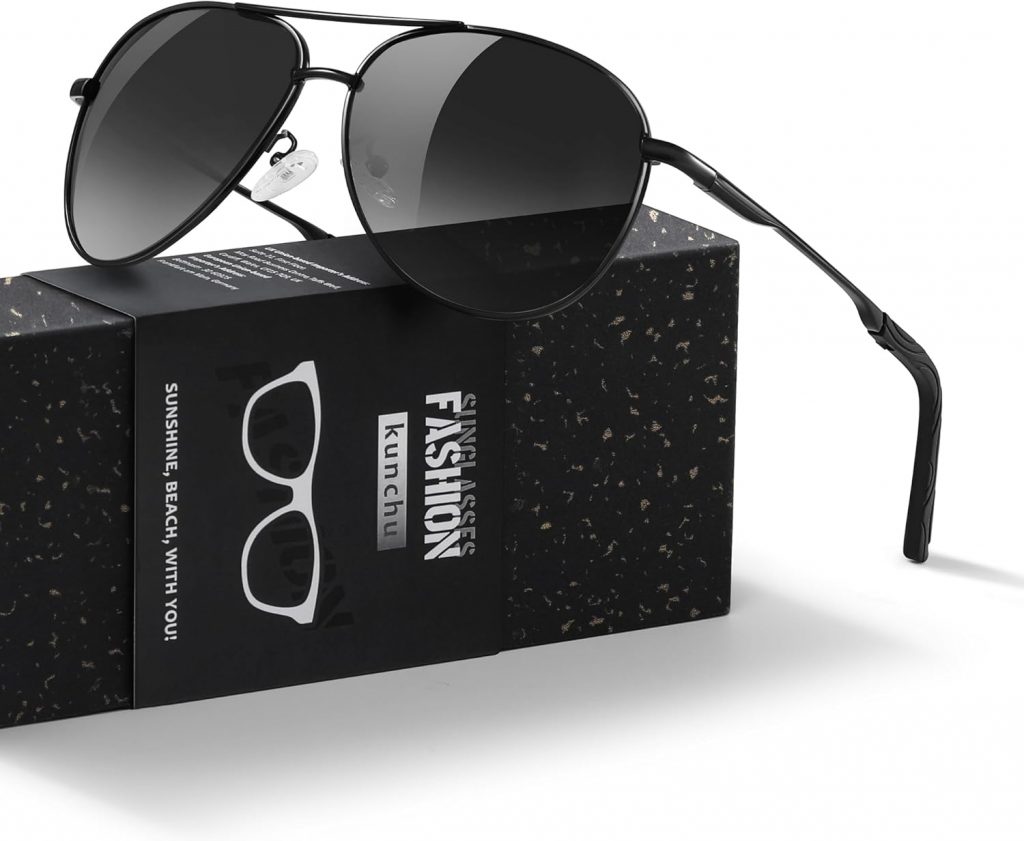 kunchu Sonnenbrille Herren Damen Polarisierte Unisex UV400-Schutz Klassische Ultraleichte Fahren Angeln Laufen Outdoor Schwarze Fliegerbrille