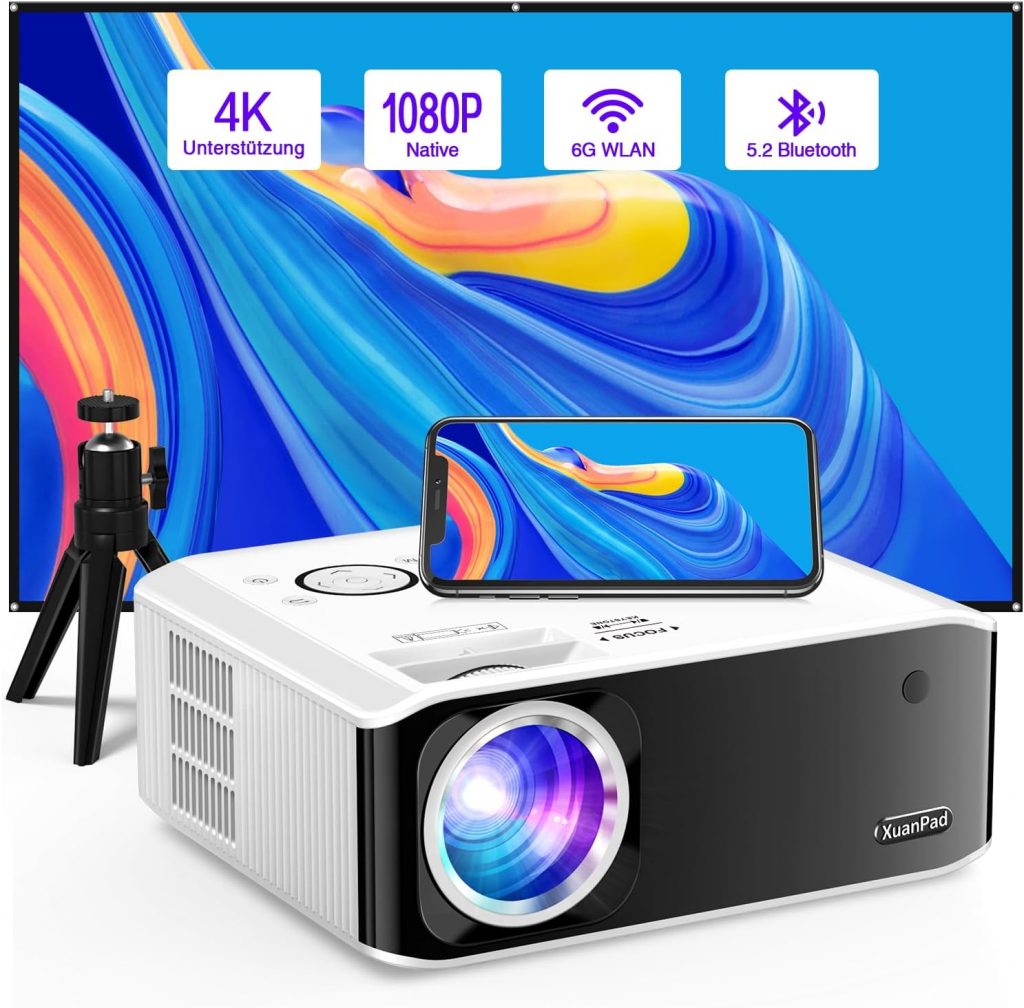 Smart Beamer 4K, Kompatibel mit Netflix & 30000L Präzise Fokus/Trapezkorrektur, XuanPad Beamer mit WiFi6 &…