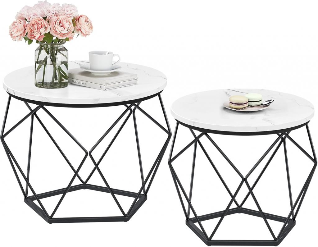 VASAGLE Couchtisch rund, 2er Set, Wohnzimmertisch, Beistelltisch, modern, abnehmbare Tischplatte, für Wohnzimmer, marmorweiß-tintenschwarz LET040B