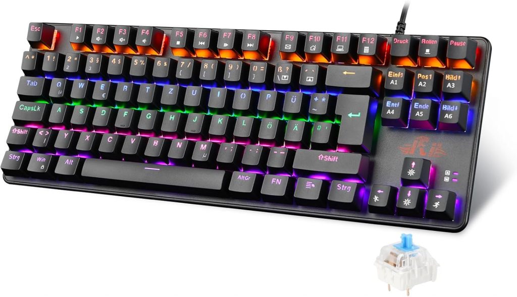Rii Gaming Tastatur TKL QWERTZ, TKL Tastatur Mechanisch, Blaue Schalter (Laut), Tastatur Kabel (Nicht…
