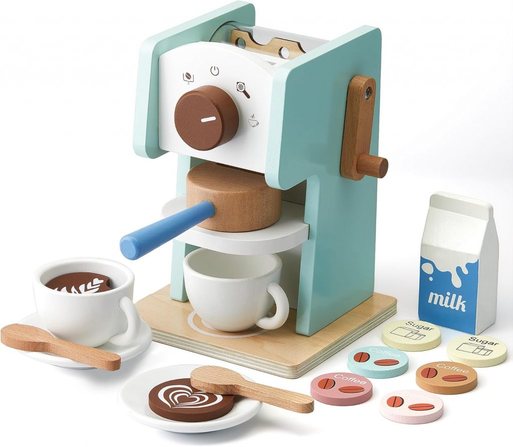 medoga Kinder-Kaffeemaschinen-Spielzeug mit Mühle, 15-teiliges Holz-Kaffeemaschinen-Spielset, Holzspielzeug für…