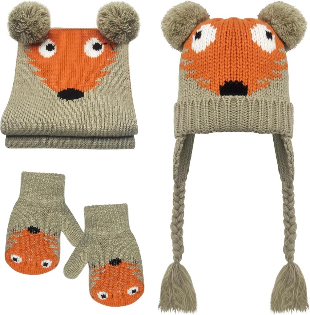 3 In 1 Handschuhe Mütze Und Schal Set Kinder, Strick Mütze Schal Set Mädchen Jungen, Fäustlinge Kinder, Wintermütze Mädchen Jungen, Kinderhandschuhe Kinderschal Babymütze Beanie Mit Bomme