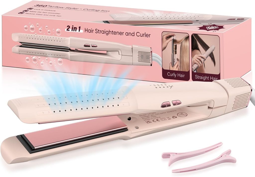 2 in 1 glätteisen locken und glätten, Air Glätteisen mit 360°Kühlungsluft zur schnelleren Fixierung von Locken, haarglätter mit luft, air haarglätter, Negativ-Ionen-Beschichtung,Vierstufige Temperatur