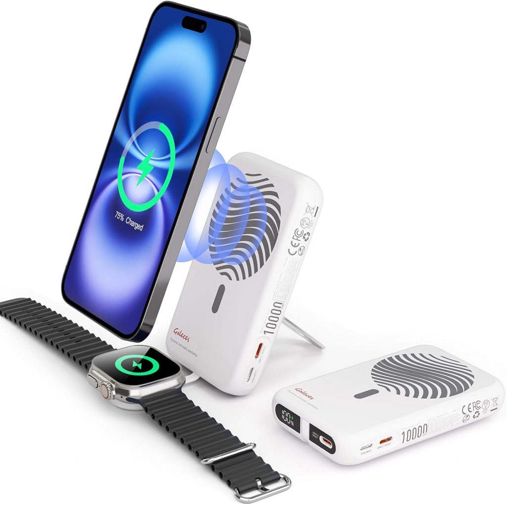 Galeces 10000mAh Magnetische Powerbank,20W PD Schnelles Laden mit LED-Display,Wireless PowerBank mit i-Watch Ladegerät,Faltbarer Akkupack mit Ständer für iPhone 16/15/14/13/12/Apple Watch (Weiß)