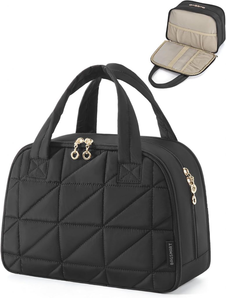 BAGSMART Kulturtasche Damen, Große Reise Kulturbeutel, Bauschige Kosmetiktasche, Reisetasche für Makeup Bag und Kosmetik mit Griff, Schwarz