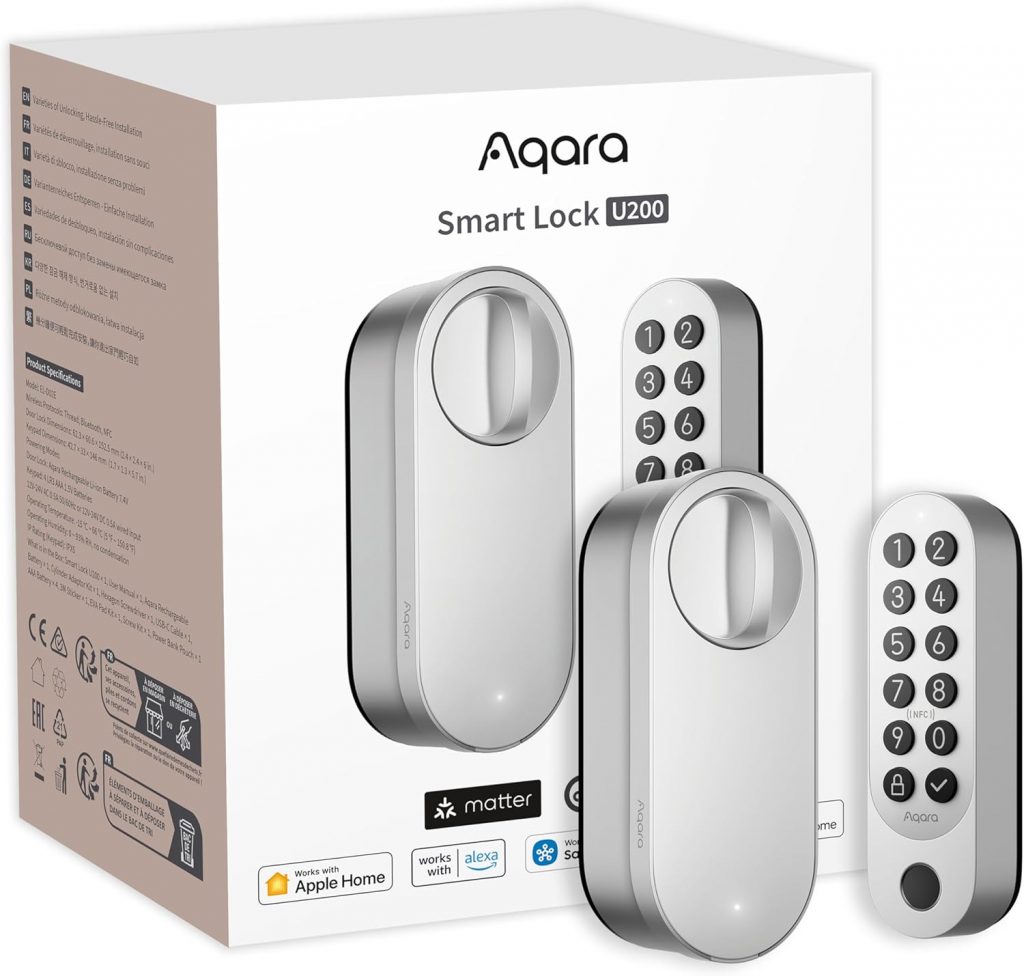 Aqara Smart Lock U200 (mit Fingerabdruck), Matter Over Thread, Smartes Türschlosss mit Apple Home Key und Aufladbarem Akku, Kompatibel mit Apple, Google Home, Alexa und SmartThings, Silber