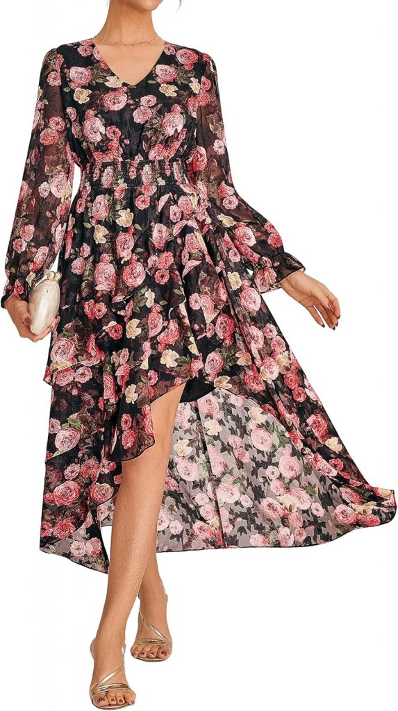 Damen Kleider A-Linien Langarm Blumenkleid V-Ausschnitt Sommerkleid Damen Leicht und Luftig Kleider für…