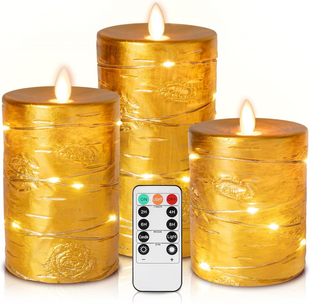 Da by Goldene LED Kerzen, Batteriekerze mit eingelassener Lichterkette, 3-teilige flammenlose Kerze mit 11-Tasten-Fernbedienung, 24-Stunden-Timer-Funktion, tanzende Flamme, echtes Wachs