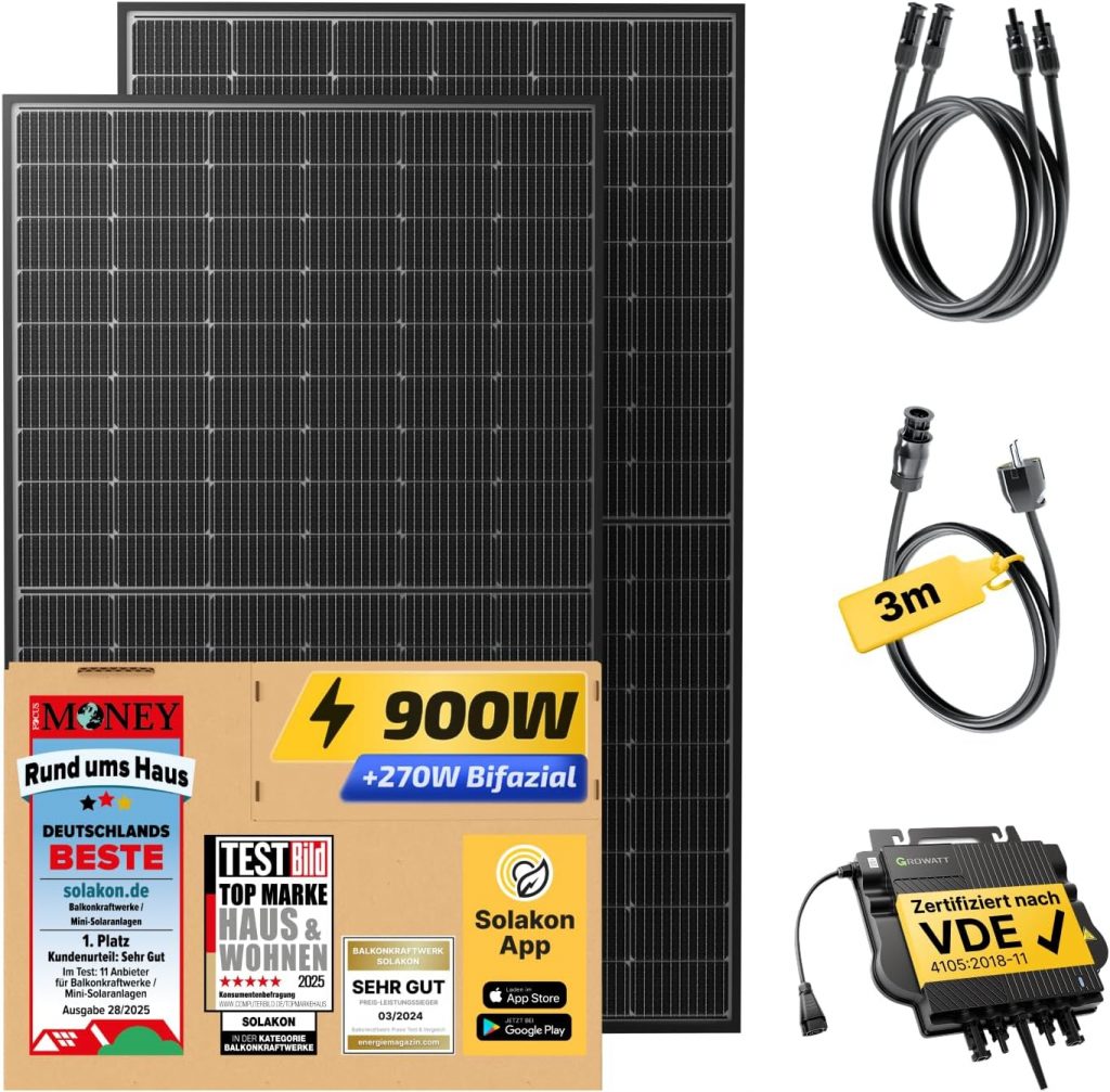 Solakon® 900W Balkonkraftwerk – Balkonkraftwerk 800W komplett Steckdose – neuester 800 Watt Wechselrichter – Solaranlage Komplettset – 450W bifaziale Solarmodule inkl. Zubehör – 3m Kabel244,98€ statt 299,99€➡️ https://www.amazon.de/dp/B0FCS7376Z/?tag=preisfehlerheute-21