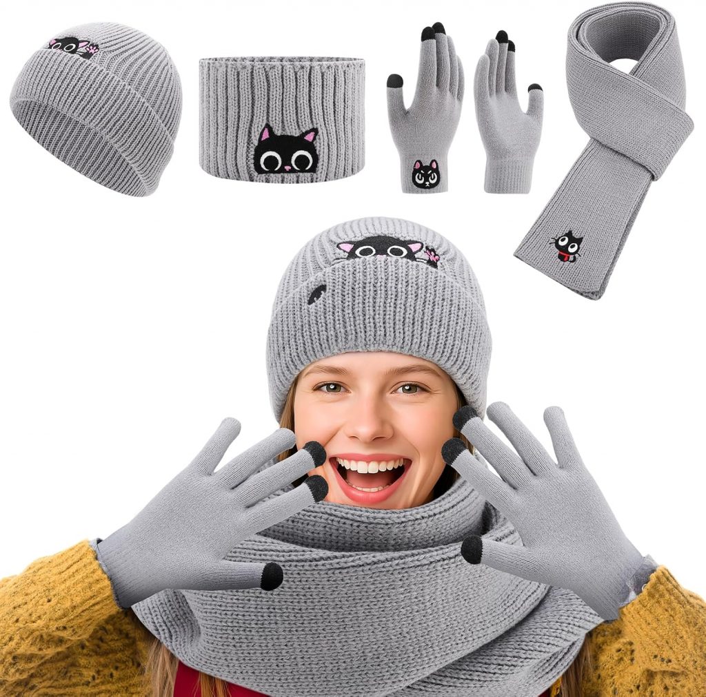 Utensilsto Damen WinterSet(Mütze,Schal,Handschuhe,Stirnband) Süße Warme Katzenmütze Winterschal Geschenkset für Katzenliebhaber Frauen Mädchen