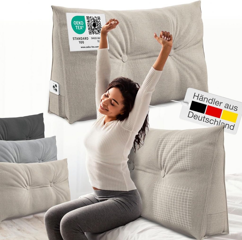 ELONEO Rückenkissen 70 cm breit, Keilkissen für Bett und Sofa geeignet, dreieckiges Lesekissen, Kissen mit abnehmbarem und waschbarem Bezug, mit praktischem Seitenfach