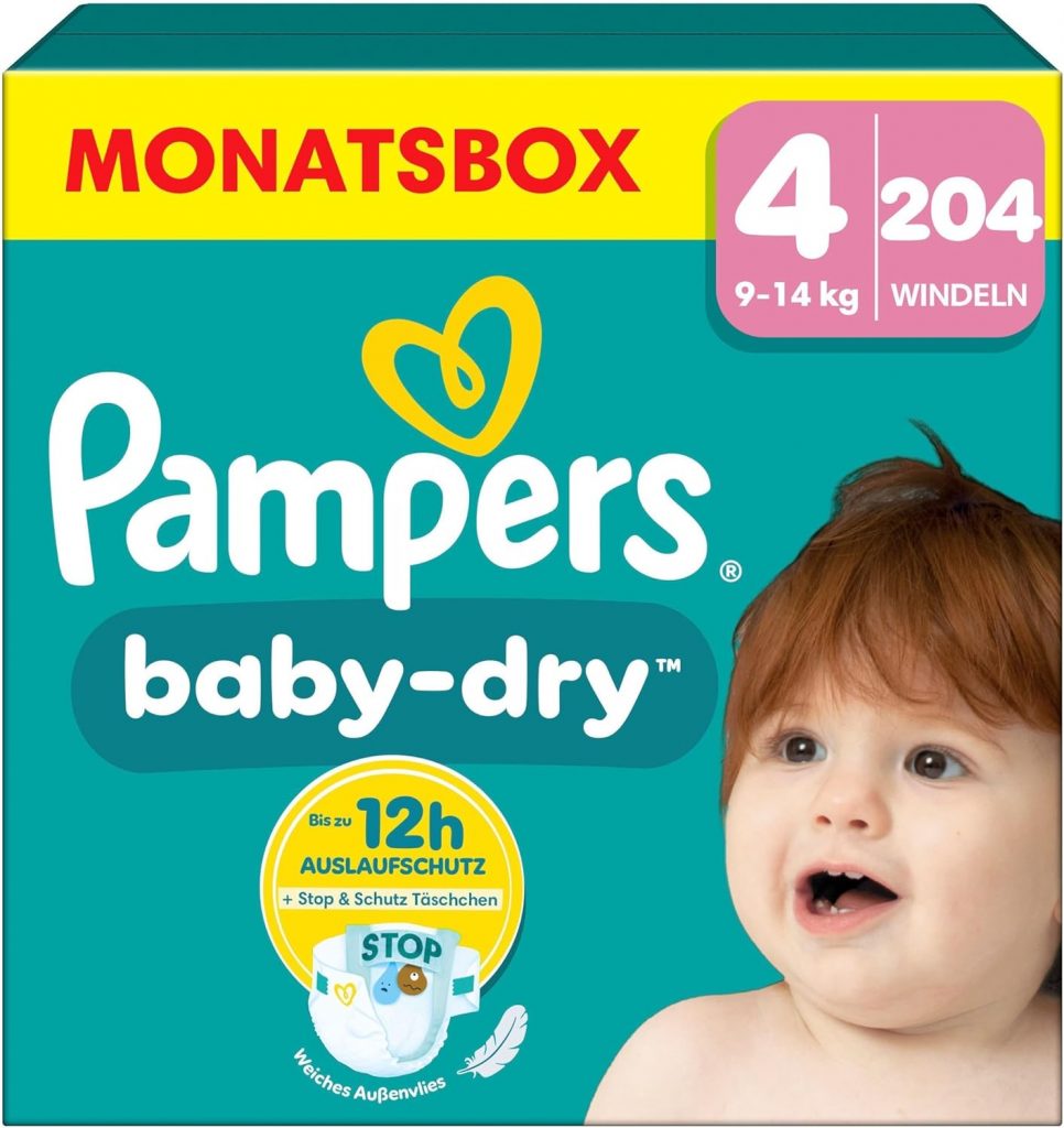 Pampers Baby-Dry Größe 4, 204 Windeln, 9kg-14kg, Bis zu 10 Auslaufschutz & Komfort die ganze Nacht