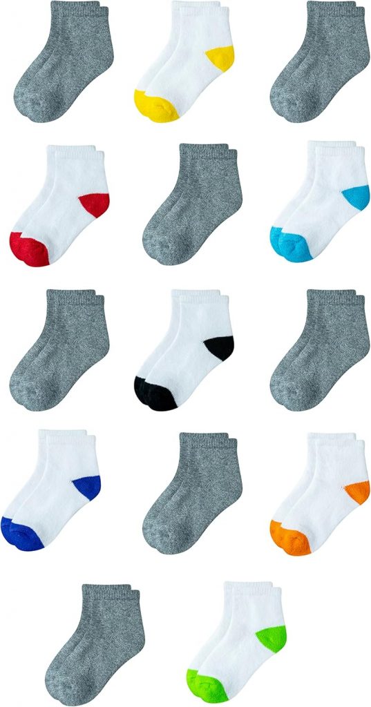 Amazon Essentials Unisex Kinder Knöchelsocken aus Baumwolle, 14 Paar, Weiß/Grau, 6-7 Jahre