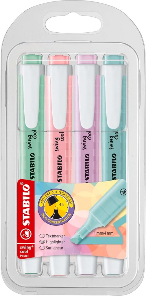 STABILO – Textmarker – swing cool Pastel – 4er Pack – Hauch von Minzgrün, rosiges Rouge, Schimmer von Lila, zartes Türkis3,80€ statt 8,00€➡️ https://www.amazon.de/dp/B079T8P84R/?tag=preisfehlerheute-21