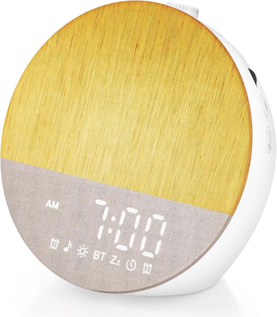 Uwithm Tageslichtwecker Sonnenaufgang, Digital Wake Up Light, Lichtwecker Doppel Wecker, Bluetooth Lautsprecher, White Noise Machine mit 30 Beruhigende Klänge, 20 Helligkeit,18 Dimmbare Nachtlicht