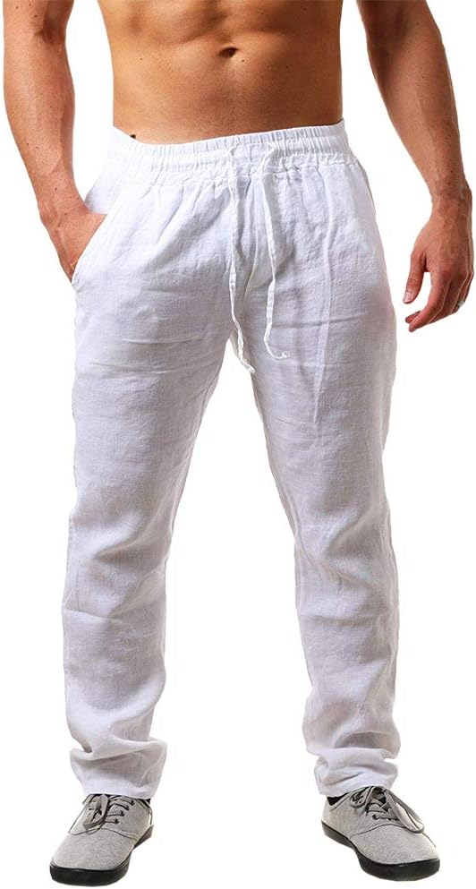 Runcati Herren Leinenhose Einfarbiges Lang Leicht Sommerhose Loose Fit Freizeithose mit Kordelzug für Urlaub Strand…