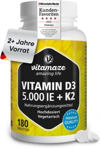 🤴 Vitamin D3 K2 5000 IE mit Vitamin K2 MK7 All Trans Form, 2+ Jahre Vorrat, 180 Tabletten Vitamin D ohne unn&ouml;tige Zusatzstoffe, in Deutschland hergestellt13,13&euro; statt 17,97&euro; - 27,00 % 🔥🚚 Verkauft von Vitamaze und Versand durch Amazon4,835 Bewertungen: 4.7 / 5.0 ⭐️⭐️⭐️⭐️⭐️🛒 zu Amazon https://www.amazon.de/dp/B0BY36P6QK/?th=1&amp%3Bpsc=1&amp%3Btag=preisfehlerheute-21&tag=preisfehlerheute-21
