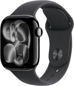 Apple Watch Series 11 GPS 42 mm Smartwatch mit Aluminiumgehäuse in Diamantschwarz und Sportarmband in Schwarz (S/M). Schlafindex, Fitnesstracker, Gesundheitstracking, Always-On Display, Wasserschutz