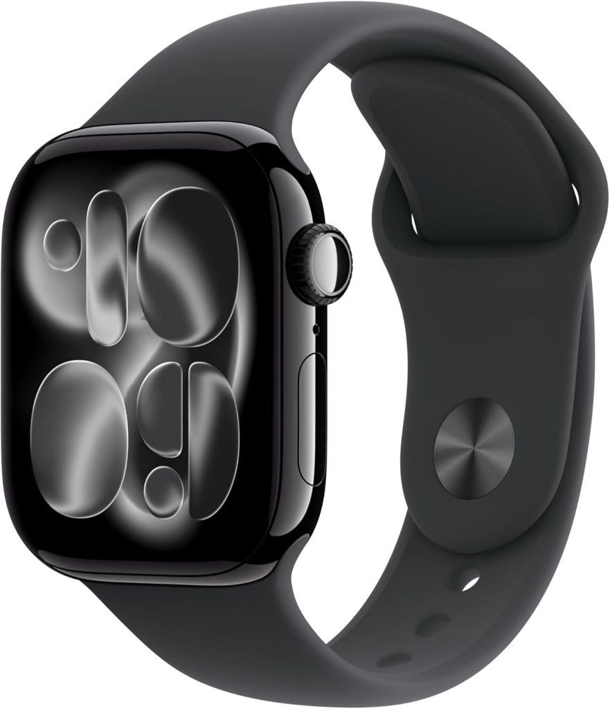 Apple Watch Series 11 GPS 42 mm Smartwatch mit Aluminiumgehäuse in Diamantschwarz und Sportarmband in Schwarz (S/M). Schlafindex, Fitnesstracker, Gesundheitstracking, Always-On Display, Wasserschutz