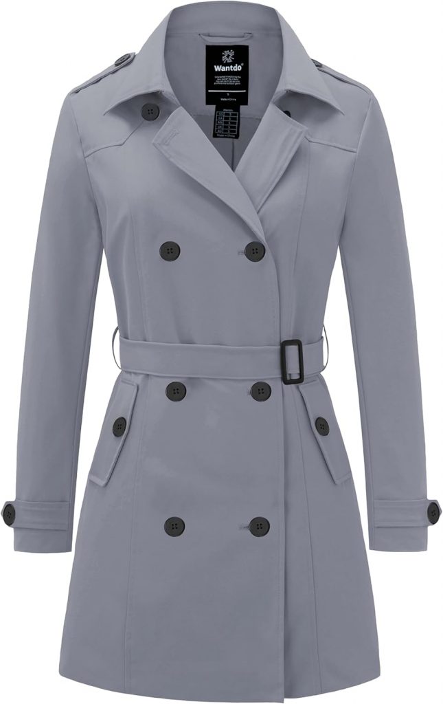 Wantdo Damen Frühling Jacke Winddichte Cabanjacke mit Schulterknöpfen Schulterklappen Slim Fit Lange Jacken Verstellbare Gürtel Mantel Grau S
