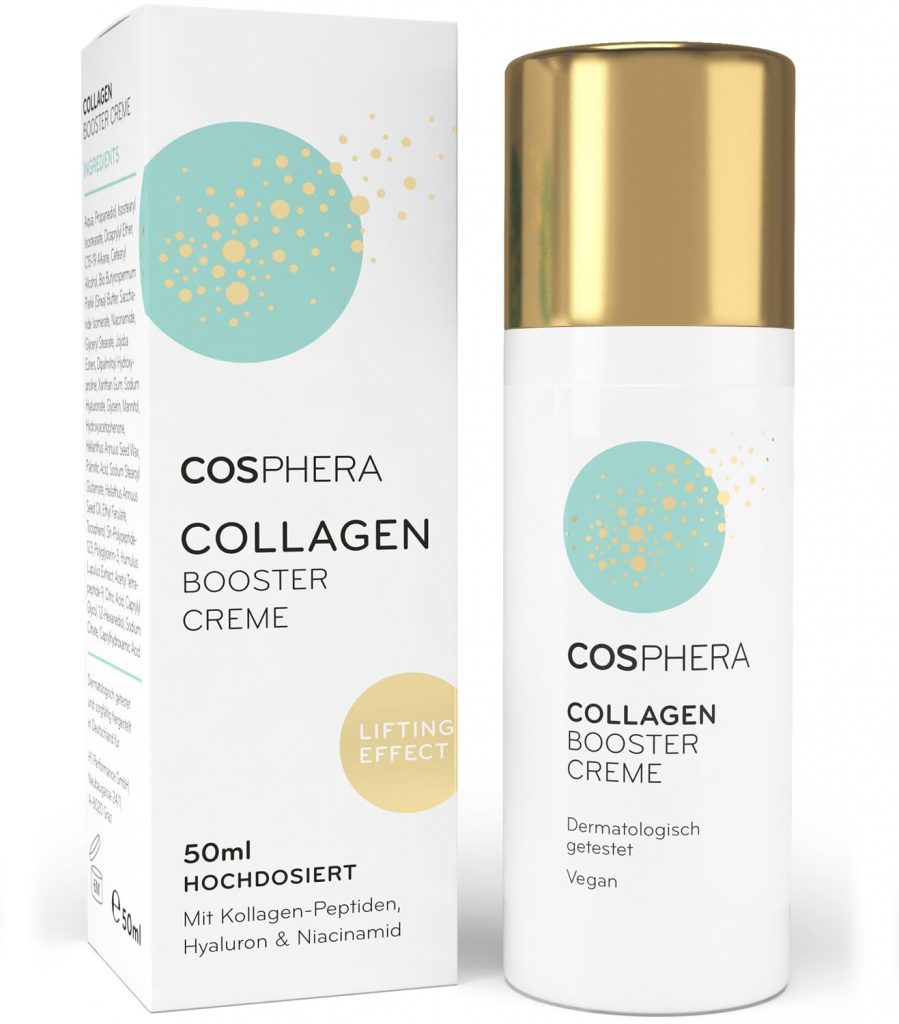 Cosphera Collagen Booster Creme 50 ml Vegan – mit Hyaluronsäure, Peptiden & Vitamin B3 – Gesichtscreme gegen Falten – Anti Faltencreme gegen Tränensäcke, Augenringe und Stirnfalten