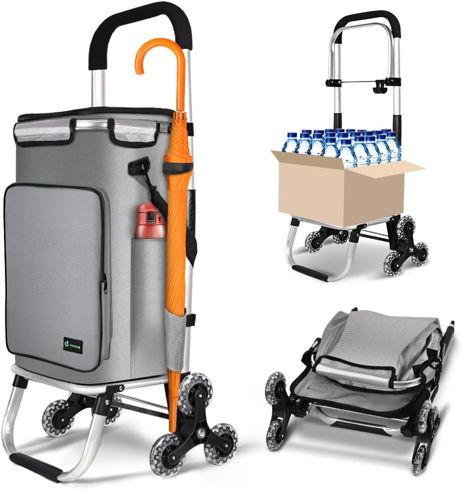 VOUNOT® Aluminium Einkaufstrolley Treppensteiger, 3 in 1 Trolly Einkaufswagen Klappbar, Hackenporsche mit Kühlfach…