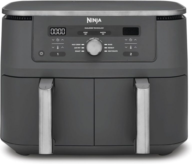 Ninja Dual Zone Digital Air Fryer, 2 Schubladen, 6-in-1, Heißluftfritteuse, 9,5L, Heißluft-Frittieren, Max Crisp, Rösten, Backen, Aufwärmen, Spülmaschinenfeste Körbe, Metallic Grau DZ400EU