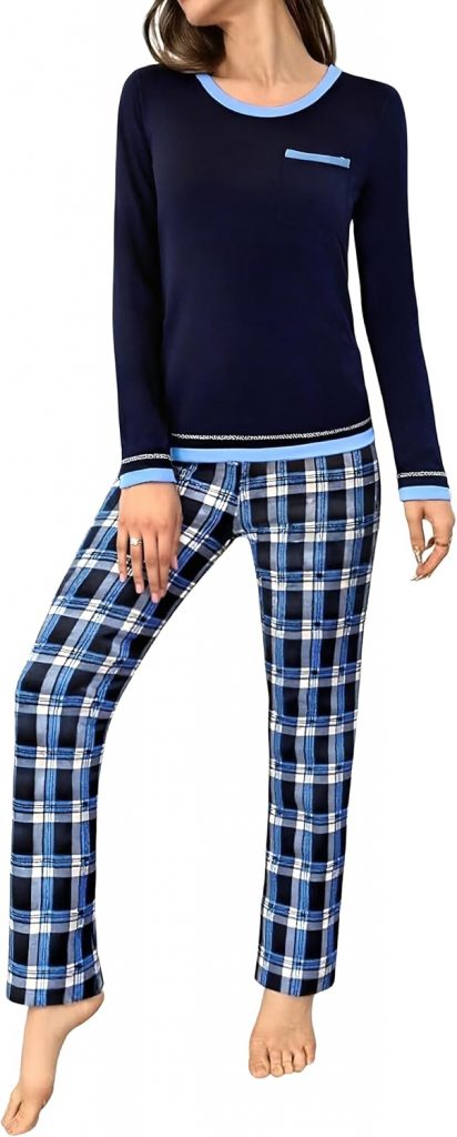 Marvmys Schlafanzug Damen Lang Winter Baumwolle PyjamaSet Schlafanzüge Zweiteiliger Nachtwäsche Sleepwear Langarm Shirt mit Brusttasche Karierte Pyjamahose mit Tasche Blau S9.99€ statt 36.99€➡️ https://www.amazon.de/dp/B0B8441KRF/?tag=preisfehlerheute-21