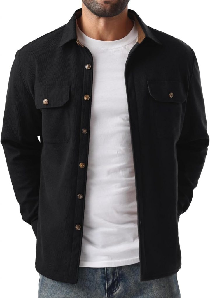 QIXING Herren Fleece Cordhemd Langarm Button Down Freizeithemd Regular Fit Hemdjacke Herbst Winter Mantel mit Klappentaschen (Schwarz, XL)35,99€