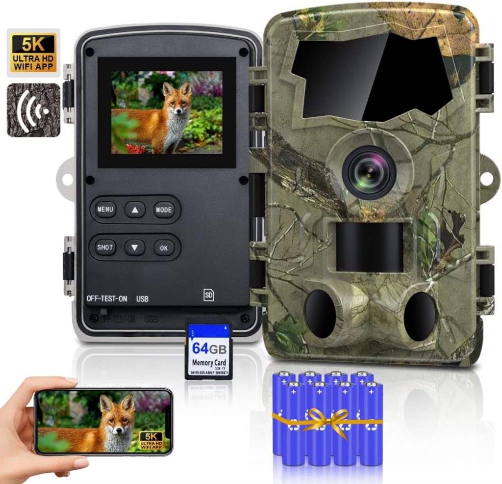 Lutranstra 5K Wildkamera WLAN, 64MP Full HD Wildkamera mit Handyübertragung App, Infrarot Wildtierkamera mit 64G SD…