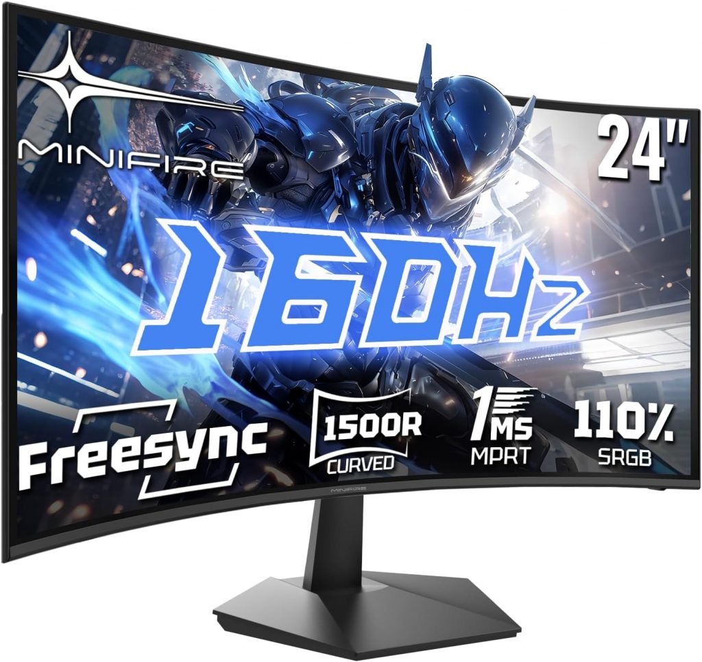 Minifire Gaming Curved Monitor 24 Zoll, 160Hz, Curved Gaming Monitor 1500R, 1Ms, sRGB11, FHD 1080P Computer Screen, VESA Compatible, Eye Care Adaptive Sync HDMI＆DP Ports （MFG24C1L ）