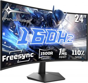 Minifire Gaming Curved Monitor 24 Zoll, 160Hz, Curved Gaming Monitor 1500R, 1Ms, sRGB110%, FHD 1080P Computer Screen, VESA Compatible, Eye Care Adaptive Sync HDMI＆DP Ports （MFG24C1L ）