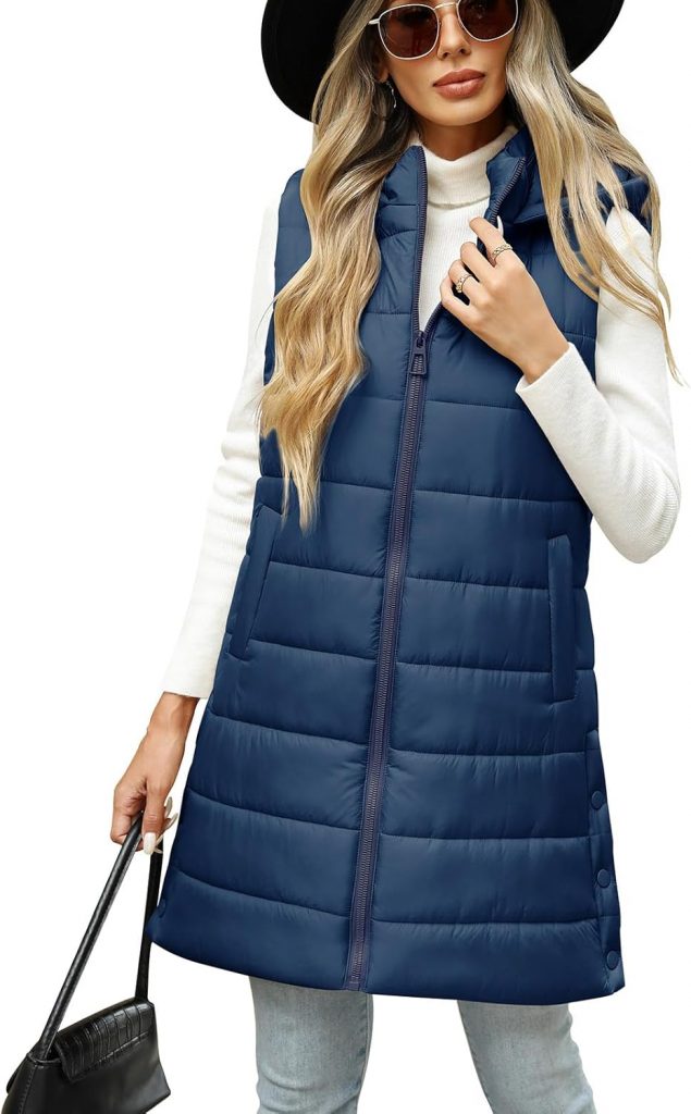 CMTOP Lange Steppweste Damen Leichte Weste mit Kapuze Warme Lässiges Übergangsweste Ärmellos Winterjacke mit Reissverschluss Taschen Lose Outdoorjacke für Wandern Camping(Marineblau, L)