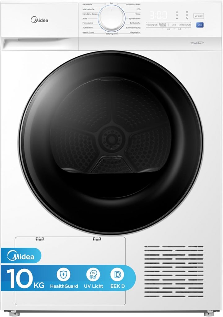 Midea Wärmepumpentrockner V3 series, 10 kg, Energieklasse D mit Wärmepumpentechnologie, UV-Licht für hygienische Reinheit, Knitterschutz, LED-Display, Startzeitvorwahl,Schnelltrocknen,MDV3EH100D,Weiß
