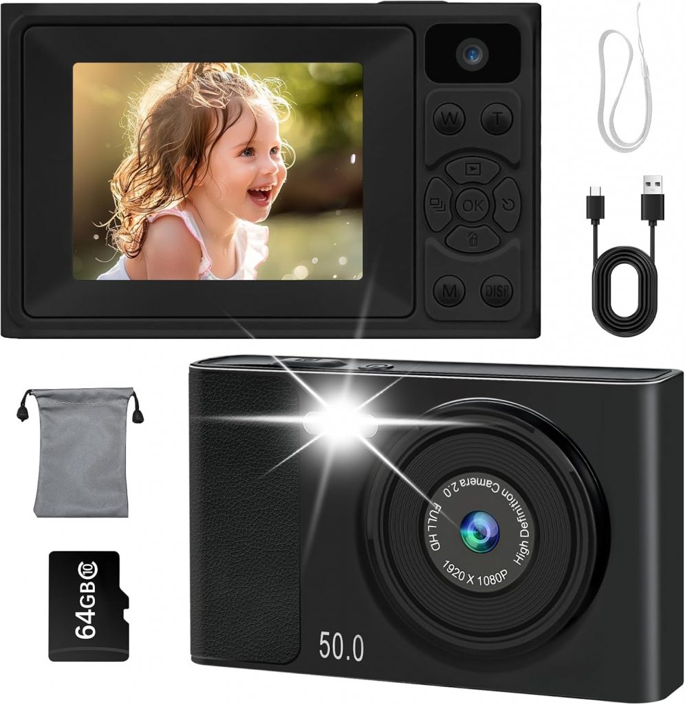 Digitalkamera 1080P 48MP Fotokamera Kamera mit Dual-Kamera, Tragbare Kompaktkamera mit 2,4" LCD Bildschirm & 64GB…