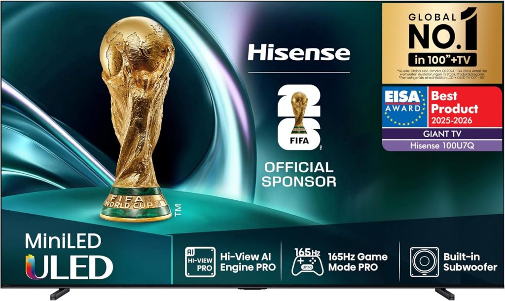 Hisense 100U7Q Fernseher 100 Zoll, 4K Mini LED ULED, Smart TV, Hi-View AI Engine Pro, 165Hz Game Mode Ultra, FreeSync Premium, Built in Subwoofer, Dolby Vision IQ Atmos, Airplay[2025]089,00€ statt 799,00€➡️ https://www.amazon.de/dp/B0F32LDRKP/?tag=preisfehlerheute-21