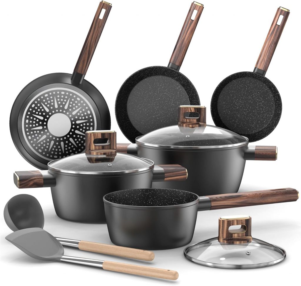 Topfset Pfannenset 11-teiliges – Kochtopf Set Induktion Antihaft-Kochgeschirr Töpfe Set aus Aluminium, Pfanne 20/28cm, Tiefe Bratpfanne 24cm, Kochtöpfe mit Deckel 16/20/24cm, PFOA-, PFOS-frei Topbooc