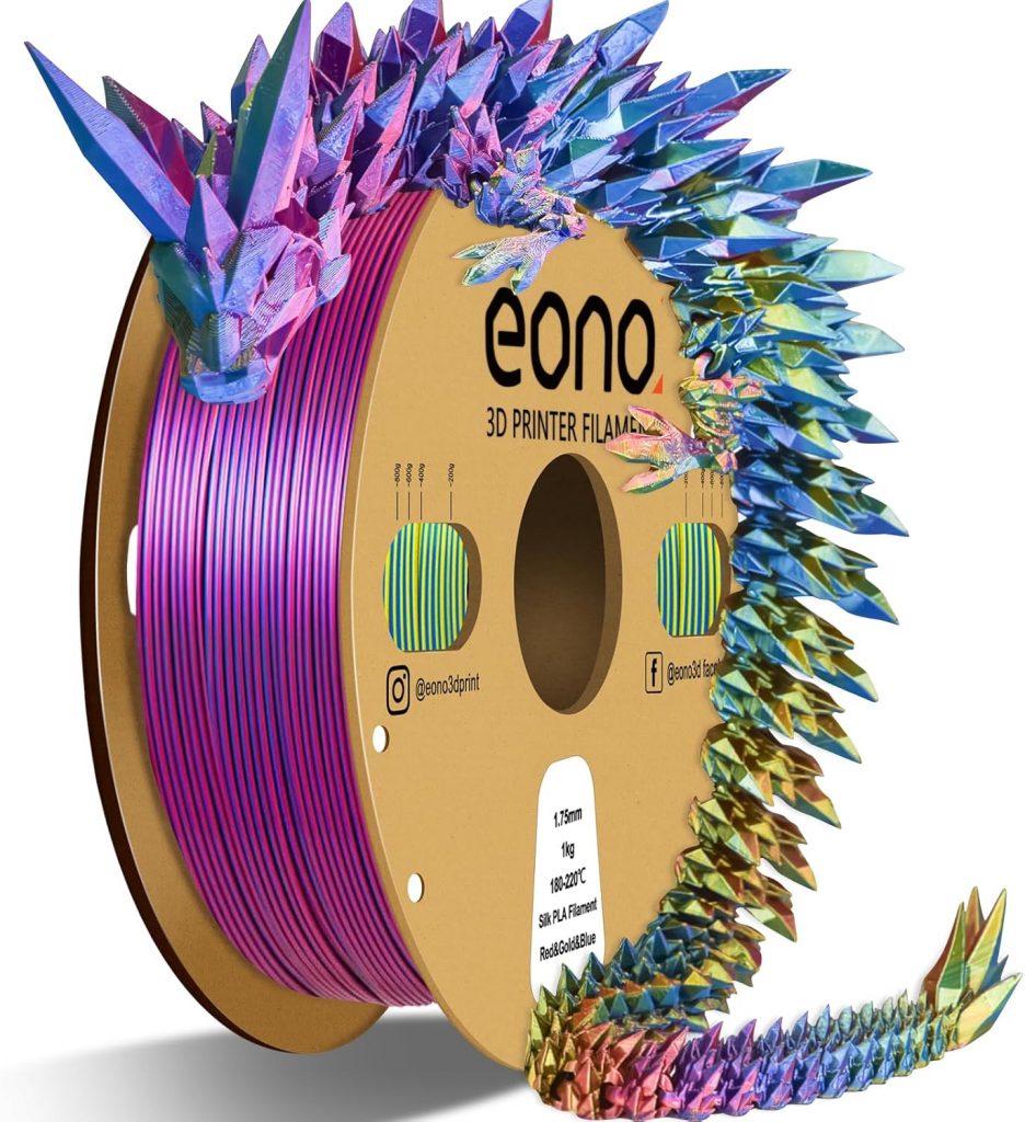 EONO Filament PLA 1,75mm Mehrfarbig Regenbogen PLA Filament für 3D Drucker Coextrusions Dreifarbiges Silk 1kg (2,2 lbs) Mehrfarbiges PLA,Tricolor Filament PLA, Silk PLA Filament Rot/Gold/Blau.17,99€ statt 23,99€➡️ https://www.amazon.de/dp/B0B8YX4Y95/?tag=preisfehlerheute-21