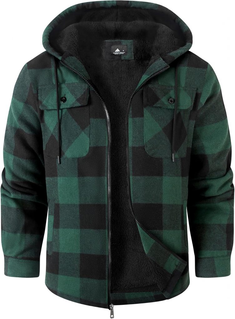 zitysport Hemdjacke Herren Hemd Sherpa Fleece Kariert Gefüttert Kapuzenpullover Fleecefutter Mantel Winter Jacke mit Taschen Flanellhemd Kariertes Männer Sweatjacke mit Kapuze(grün,M)