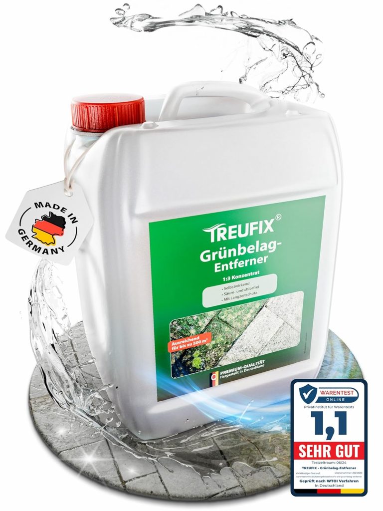 Treufix – Grünbelagentferner & Moosentferner Konzentrat [Chlor- und säurefrei] selbsttätige Entfernung von Grünspan, Grünbelag & Moos |Steinreiniger für Pflastersteine, Terrassen 5L Made in DE