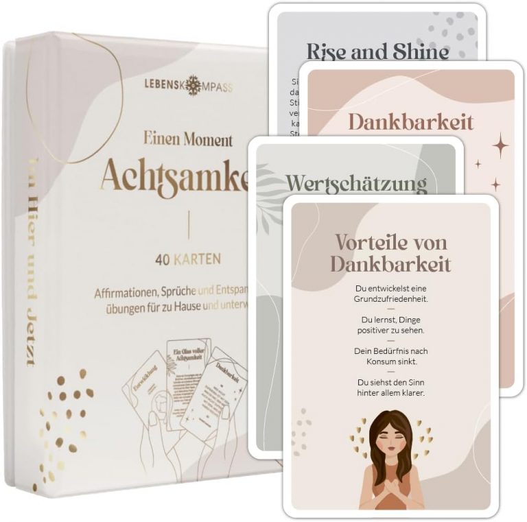 👑 LEBENSKOMPASS 40 Achtsamkeitskarten Mindfulness & Attention - Positive Affirmationen, Übungen, Glückskarten & Spruchkarten - Affirmationskarten für Erwachsene als Achtsamkeit Geschenk9,39€ statt 16,98€ - 45,00 % 🔥🚚 Verkauft von Lebenskompass und Versand durch Amazon1,408 Bewertungen: 4.7 / 5.0 ⭐️⭐️⭐️⭐️⭐️🛒 zu Amazon https://www.amazon.de/dp/B08HQX9X2T/?amp%3Btag=preisfehlerheute-21&tag=preisfehlerheute-21