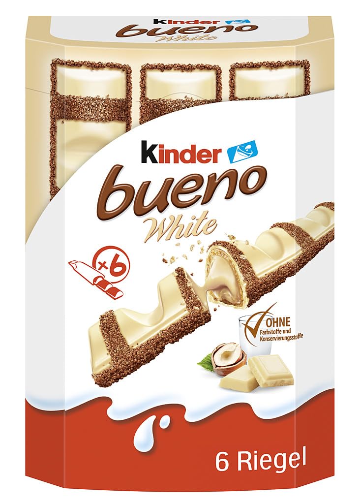 Kinder bueno White 6er – Waffel-Riegel mit weißer Schokolade, zarter Knusperhülle und cremiger Milch-Haselnuss-Füllung – Süßigkeiten für Karneval, Fasching – 117g1,99€ ➡️ https://www.amazon.de/dp/B07J35W6F6/?tag=preisfehlerheute-21