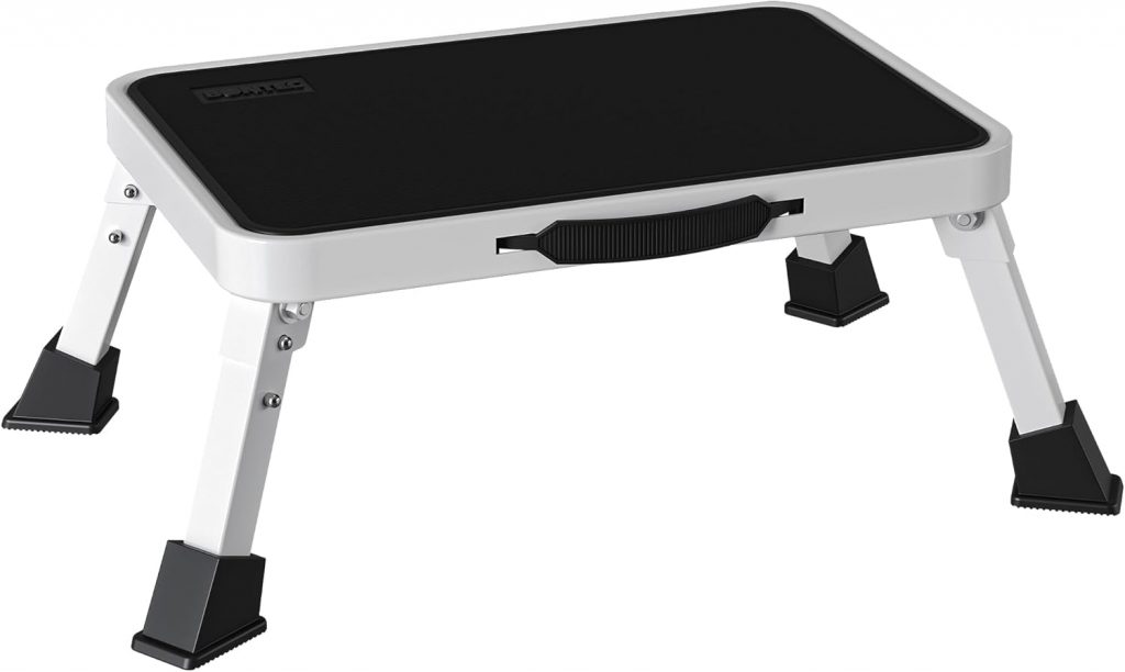 BONTEC Klapptritt, weißer Tritthocker klappbar bis 150 kg, rutschfeste Trittstufe mit Gummifüßen, klappbarer Hocker tragbar, Fußbank für Küche, Bad, Garten, Camping, kleine Leiter, Faltbarer Schemel