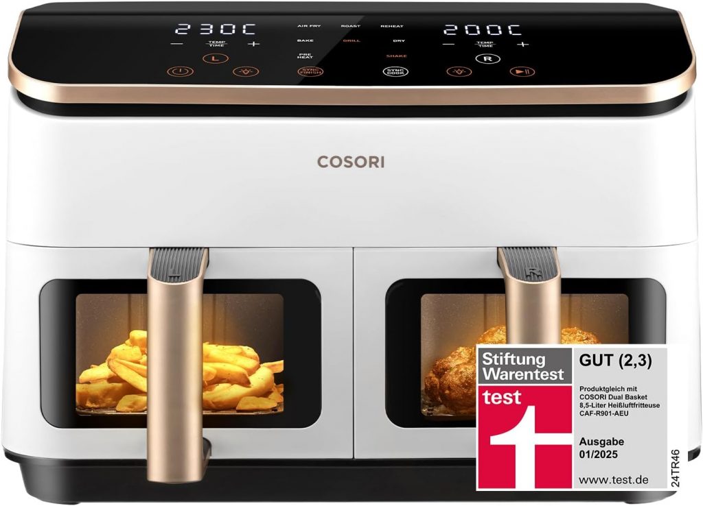 COSORI Heißluftfritteuse 2 Kammern, Testsieger der Stiftung Warentest, 8,5 L 6-in-1 Airfryer mit Sichtfenster, Schwarz-weiß