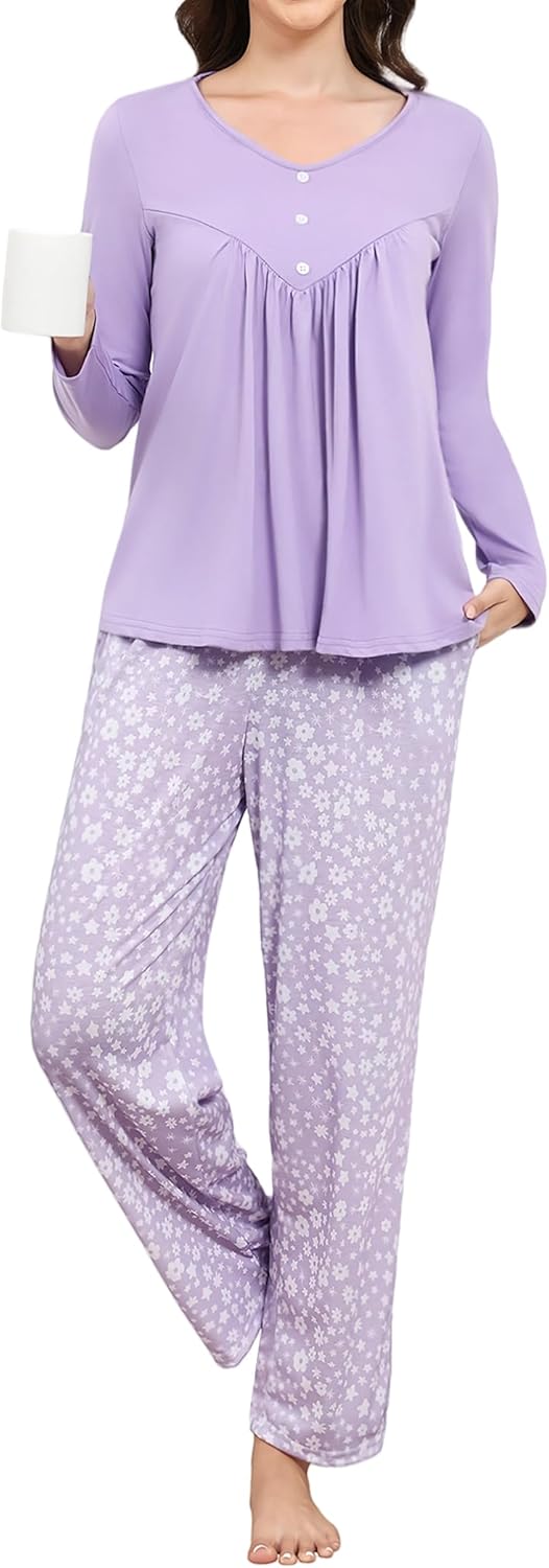 Reliwel Schlafanzug Damen Lang Baumwolle Pyjama Elegant Langarm Pyjamas Zweiteiler V-Ausschnitt Loungewear Set Weiche Hausanzug Freizeitanzug Blumen Lila, S9,49€ statt 22,99€➡️ https://www.amazon.de/dp/B0FN4HX3VM/?tag=preisfehlerheute-21