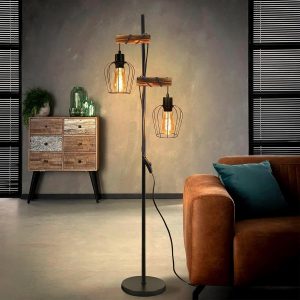 ZMH Stehlampe Wohnzimmer Holz Stehleuchte Schwarz - Vintage Wohnzimmerlampe stehend im Industrial Design Metall Standleuchte 2 flammig E27 Fassung 151cm Standlampe f&uuml;r Schlafzimmer (ohne Leuchtmittel)49,99&euro; statt 59,99&euro;➡️ https://www.amazon.de/dp/B092R2J7X8/?tag=preisfehlerheute-21