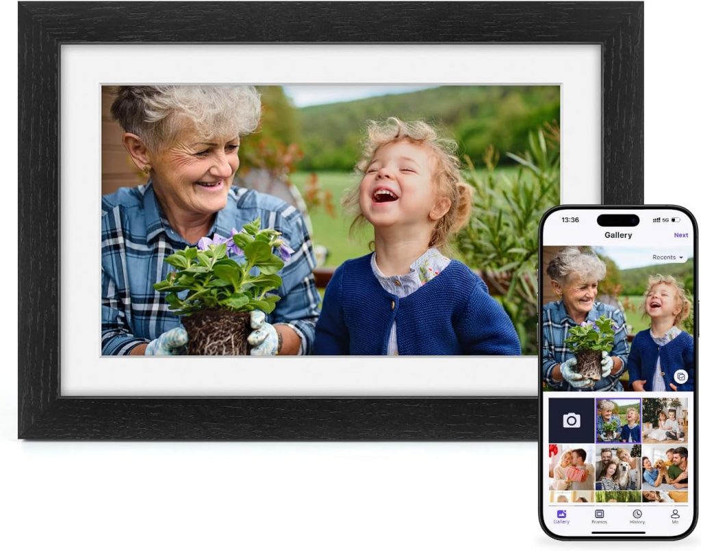 Digitaler Bilderrahmen WLAN 32 GB Speicher, 1280 x 800 HD-Touchscreen, Wandmontage Möglich, Echtholz Wildeiche Elektronischer Bilderrahmen Schwarz, Fotos/Videos Sofort über Uhale Teilen