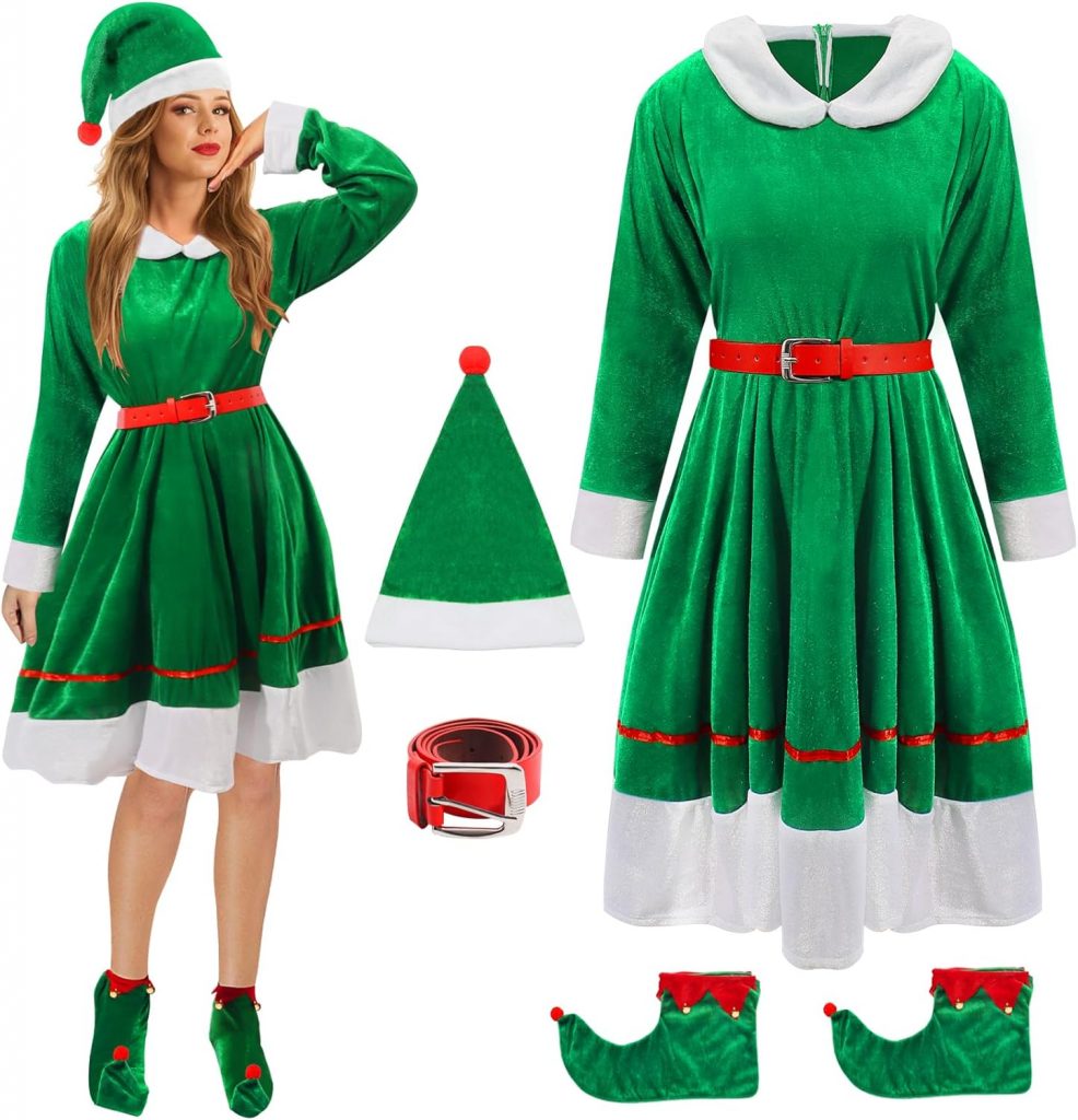 Mprocen Elfen Weihnachtskleid vierteiliges Set Weihnachtskostüm für Damen mit Hut Gürtel und Stiefelstulpen geeignet für festliche Anlässe und Rollenspiele4.99€ ➡️ https://www.amazon.de/dp/B0FK4WT182/?tag=preisfehlerheute-21