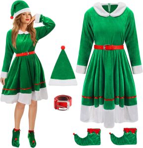 Mprocen Elfen Weihnachtskleid vierteiliges Set Weihnachtskostüm für Damen mit Hut Gürtel und Stiefelstulpen geeignet für festliche Anlässe und Rollenspiele4.99€ ➡️ https://www.amazon.de/dp/B0FK4XZWNY/?tag=preisfehlerheute-21