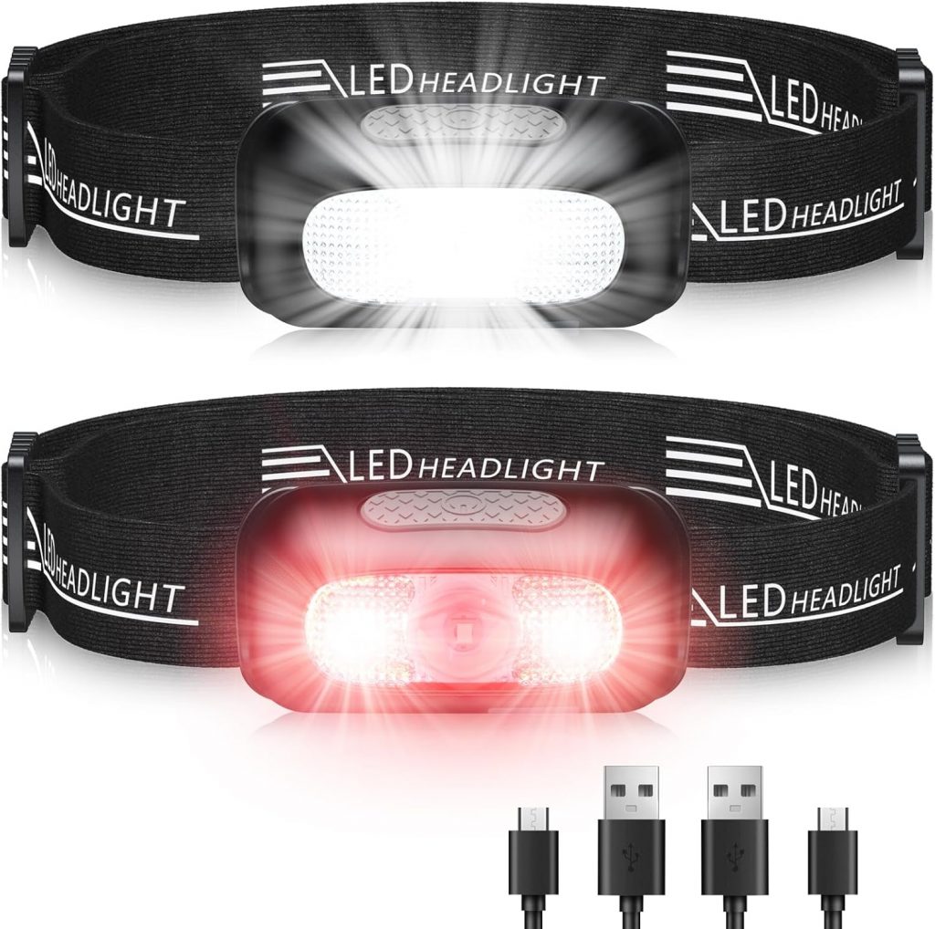 EOIWUY Stirnlampe, [2 Stück] Stirnlampe LED Wiederaufladbar Superhelle mit 5 Modi, Weißes und Rotes Licht & IPX4 Wasserdicht, 60° Verstellbare Kopflampe Laternenzubehör für Joggen/Camping/Erwachsene